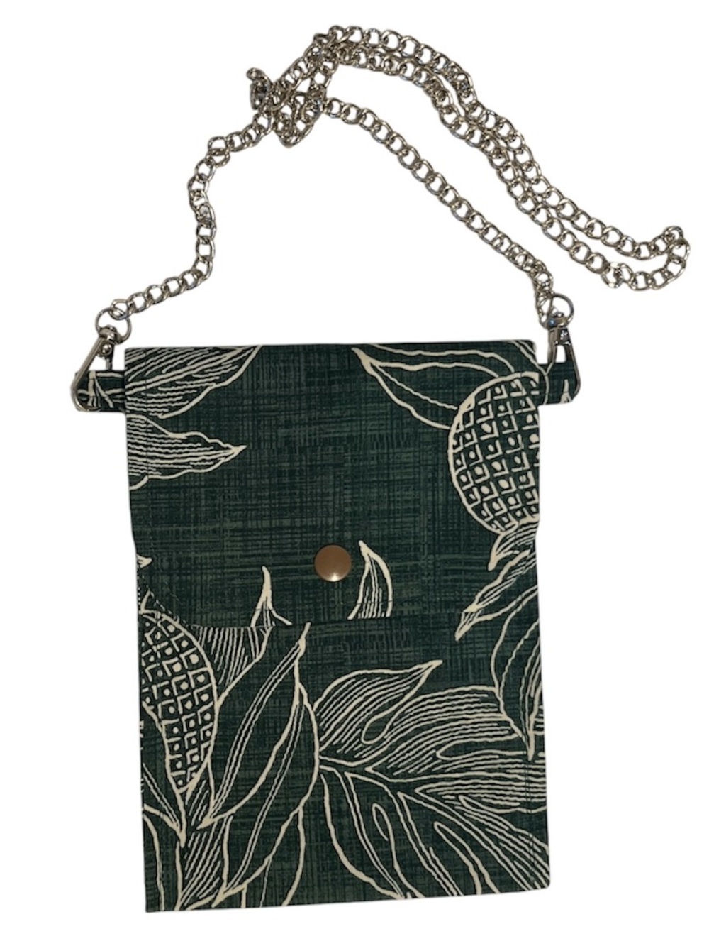 Dark Green Botanical Crossbody Bag with Silver Chain